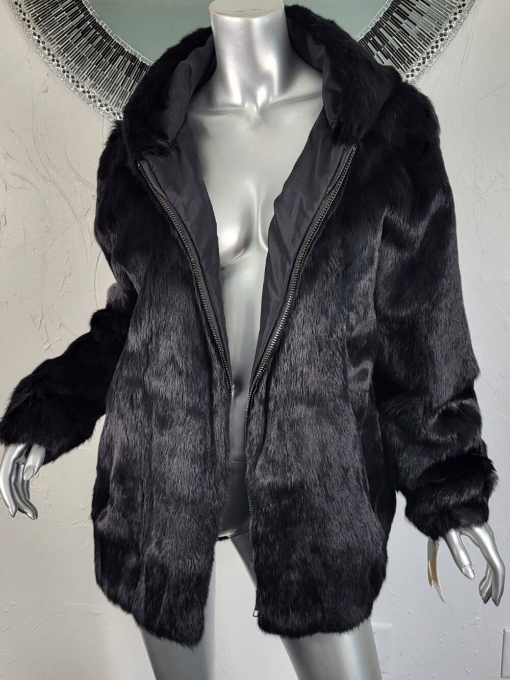 NWT~$600~ADRIENNE LANDAU~M/L~BLACK GENUINE REAL RABBIT FUR BOMBER JACKET COAT - Picture 4 of 16